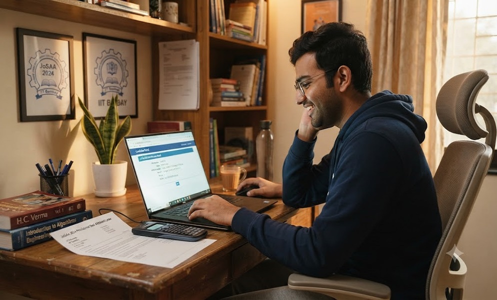 Student checking JoSAA Round 2 Seat Allotment 2026 result on laptop