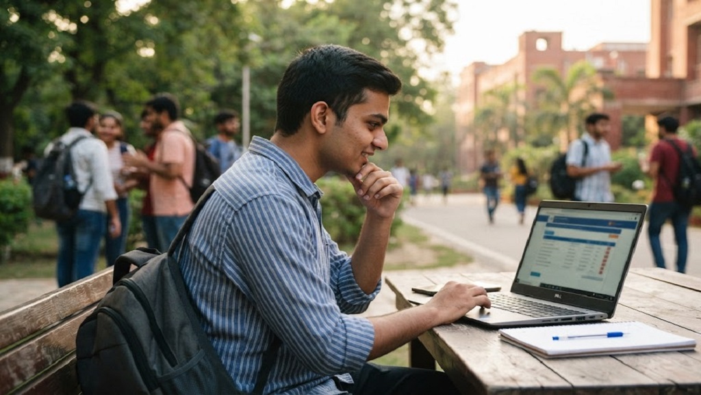 Student checking JoSAA Round 3 Result 2026 on laptop