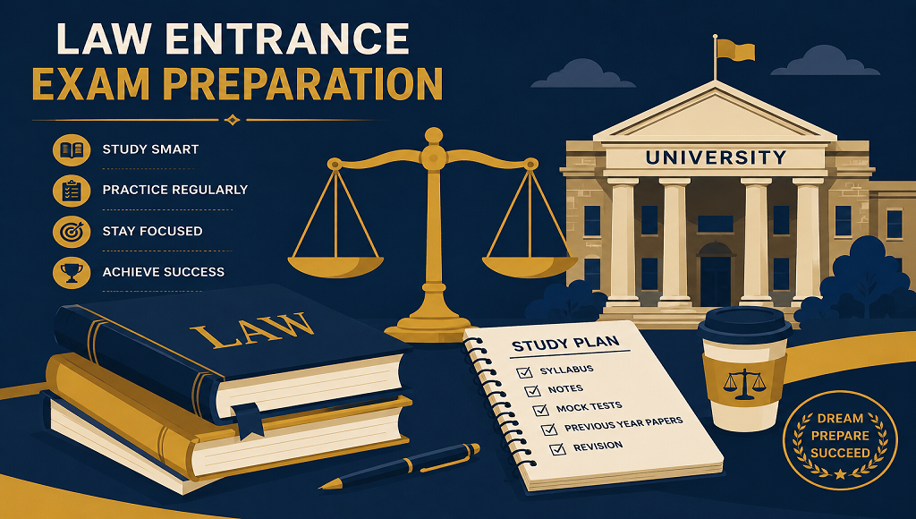 Student preparing for CLAT 2027 exam with law books and university admission guide
